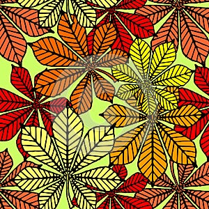 bright autumn seamless pattern of chestnut yellow and red leaves on a green background