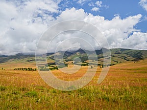Bright autumn steppe landscape. Steppe on the background of mountains. Background of agricultural field and mountains