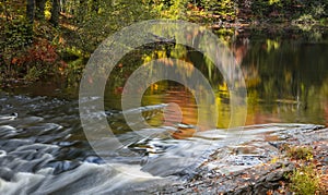 Bright autumn tree reflections in running water