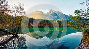 Bright autumn view of Hintersee lake. Fantastic morning scene of Bavarian Alps on the Austrian border, Germany, Europe. Beauty of