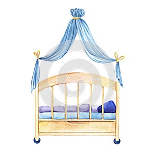 Bright baby cot with side under canopy cradle for boy. Baby sleep. Wooden yellow light blue. Bed for child.background