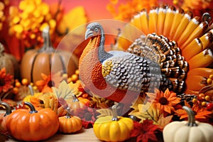 Bright background with beautiful thanksgiving decorating. Pumpkins with fruits, flowers, vegetables and leaves. AI