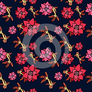 A bright background with gold fish and red lotus flowers against a background of dark blue water.