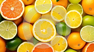 A bright background of juicy citrus fruits - oranges, lemons and limes - creating a fresh and energ