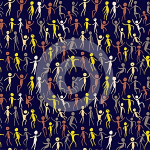 Bright background with painted human figures. Seamless pattern People Move.