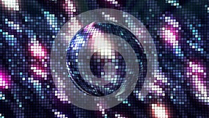 Bright background with rotating disco ball. Motion. Disco background with brilliant iridescent colors and rotating ball