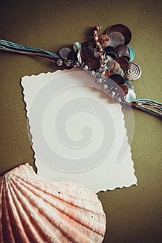 Bright background with shells and silk