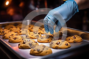 Bright backpacked baker dons gloves for making chocolate chip cookies