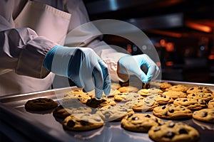 Bright backpacked baker dons gloves for making chocolate chip cookies