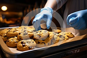 Bright backpacked baker dons gloves for making chocolate chip cookies