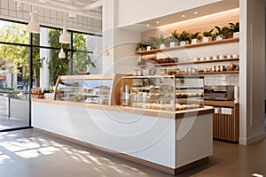 Bright bakery interior, sleek counters, ambient lighting, wooden accents