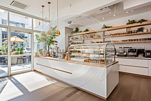 Bright bakery interior, sleek counters, ambient lighting, wooden accents
