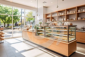 Bright bakery interior, sleek counters, ambient lighting, wooden accents