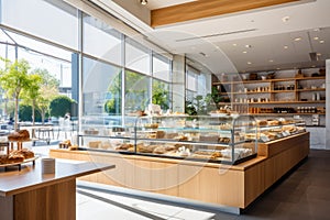 Bright bakery interior, sleek counters, ambient lighting, wooden accents