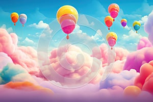 Bright balloons and vivid rainbows on a blue sky with pink clouds