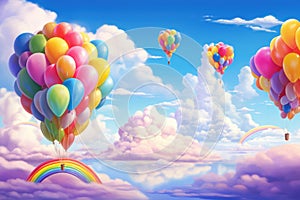 Bright balloons and vivid rainbows on a blue sky with pink clouds