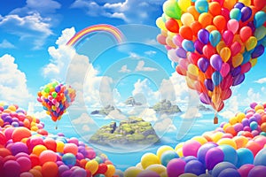 Bright balloons and vivid rainbows on a blue sky with pink clouds