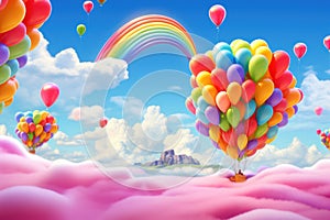 Bright balloons and vivid rainbows on a blue sky with pink clouds