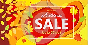 Bright Banner autumn sales with leaves. In yellow red shades.
