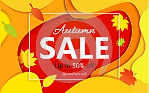 Bright Banner autumn sales with leaves. In yellow red shades.