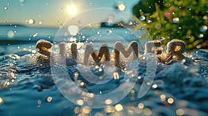 Bright banner with the word SUMMER. Calligraphy decorated with beach equipment. Summer vacation and time. Generative AI