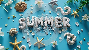 Bright banner with the word SUMMER. Calligraphy decorated with beach equipment. Summer vacation and time. Generative AI