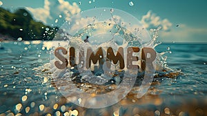Bright banner with the word SUMMER. Calligraphy decorated with beach equipment. Summer vacation and time. Generative AI