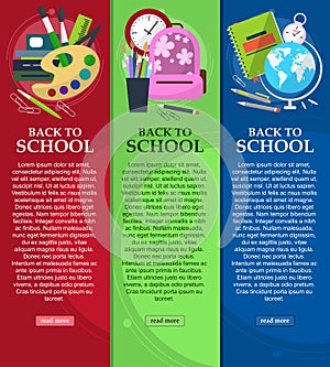 Bright banners back to school with schoolbag, globe, books and stationery with place for your text. Vector