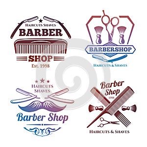 Bright barber shop emblems - men haircute salon labels design