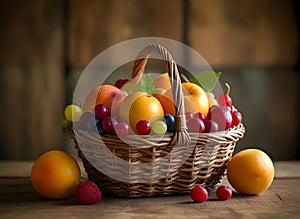 Bright basket with fruits on a rustic background on a wooden table