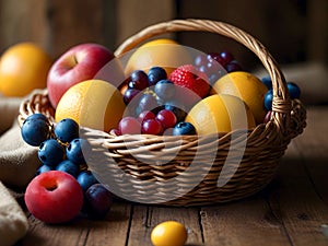 Bright basket with fruits on a rustic background on a wooden table