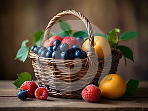 Bright basket with fruits on a rustic background on a wooden table