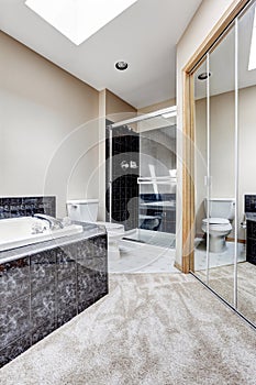 Bright bathroom interior with black granite tile trim