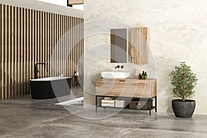 Bright bathroom interior with concrete floor, two black bathtubs and a white sink, interior pool, plant, marble wall, side view.