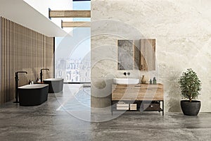 Bright bathroom interior with concrete floor, two black bathtubs and a white sink, interior pool, plant, marble wall, side view.