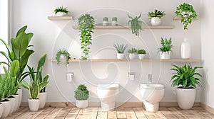 Bright bathroom interior with green plants and white fixtures.