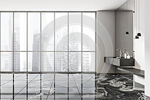 Bright bathroom interior with sink, white wall, and panoramic window