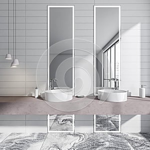 Bright bathroom interior with two sinks, mirror with reflection