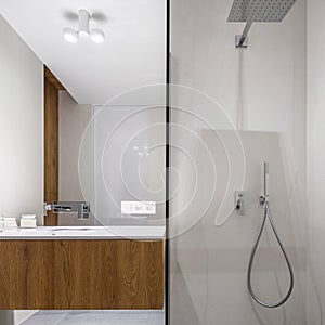 Bright bathroom with spacious shower