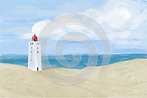 Bright beach sand dunes with the famous danish landmark lighthouse with blue sky background. Rubjerg Knude Lighthouse