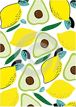 Bright beautiful background with a pattern of lemons and avocados