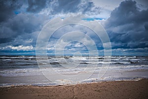 Bright beautiful landscape, cold Baltic sea during a storm, harsh northern nature