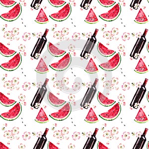 Bright beautiful lovely wonderful cute delicious tasty yummy summer picnic set includes bottle of red wine, slices of watermelon,