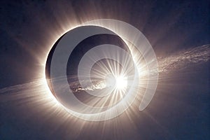 Bright beautiful reflections of sunlight during total eclipse