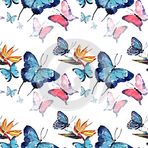 Bright beautiful sophisticated wonderful tender gentle spring tropical colorful butterflies with tropical yellow flowers pattern w