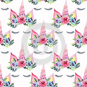 Bright beautiful spring lovely cute fairy magical colorful pattern of unicorns with eyelashes in the floral tender crown