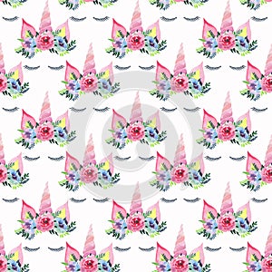 Bright beautiful spring lovely cute fairy magical colorful pattern of unicorns with eyelashes in the floral tender crown