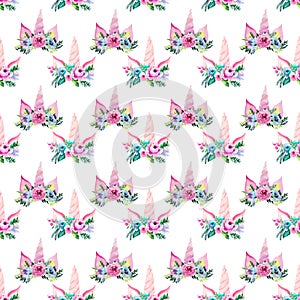 Bright beautiful spring lovely cute fairy magical colorful pattern of unicorns with eyelashes in the floral tender crown
