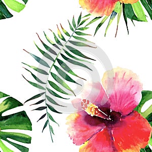Bright beautiful tender sophisticated lovely tropical hawaii floral summer pattern of a tropic hibiscus and green palm leaves wate