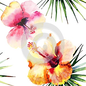 Bright beautiful tender sophisticated lovely tropical hawaii floral summer pattern of a tropic light pink and yellow hibiscus and